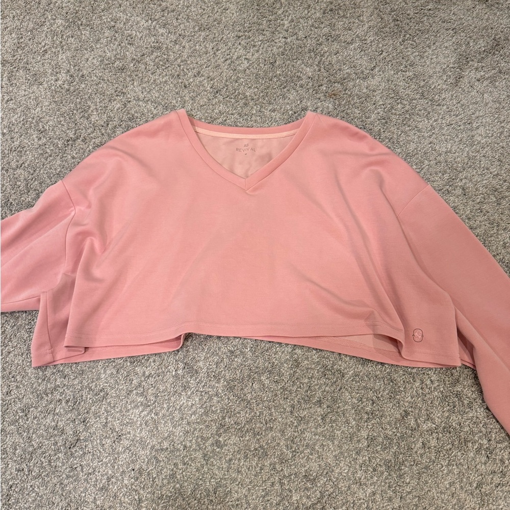 Altar'd State Pink Oversized Cropped Long Sleeve Sweatshirt